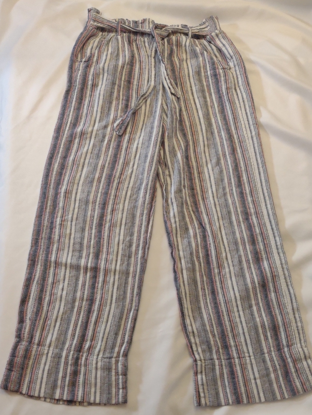 Knox Rose Stripe Drawstring Linen Blend Pants White/Blue/Coral - Size M